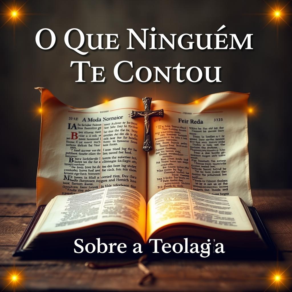 Create a book cover titled "O Que Ninguém Te Contou" prominently displayed at the top, with "Sobre a Teologia" positioned just below in a separate line