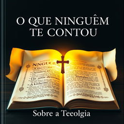 Create a book cover titled "O Que Ninguém Te Contou" prominently displayed at the top, with "Sobre a Teologia" positioned just below in a separate line