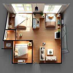 Interior design for a single-story house featuring three bedrooms, one bathroom, a kitchen, and a living room
