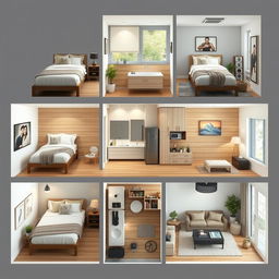 Interior design for a single-story house featuring three bedrooms, one bathroom, a kitchen, and a living room