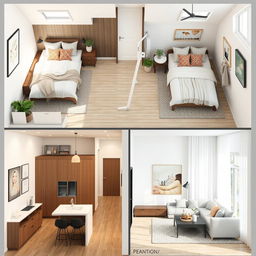 Interior design for a single-story house featuring three bedrooms, one bathroom, a kitchen, and a living room
