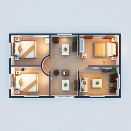Interior design for a single-story house featuring three bedrooms, one bathroom, a kitchen, and a living room