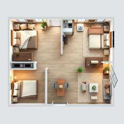 Interior design for a single-story house featuring three bedrooms, one bathroom, a kitchen, and a living room