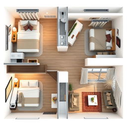 Interior design for a single-story house featuring three bedrooms, one bathroom, a kitchen, and a living room