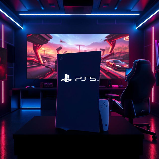 A sleek and futuristic design of the PS5 Pro console, showcasing its advanced features and refined aesthetics, with a glowing logo, surrounded by a dramatic lighting environment