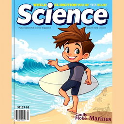 A vibrant cover art for an educational science magazine featuring a friendly teen boy surfer character