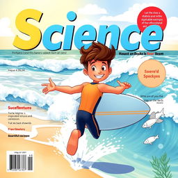 A vibrant cover art for an educational science magazine featuring a friendly teen boy surfer character