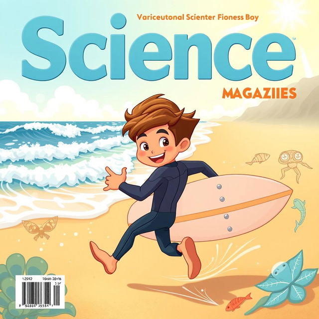 A vibrant cover art for an educational science magazine featuring a friendly teen boy surfer character