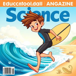 A vibrant cover art for an educational science magazine featuring a friendly teen boy surfer character