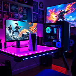 A sleek gaming desk featuring a PS5 Pro prominently displayed alongside a powerful gaming PC setup