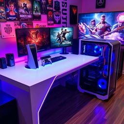 A sleek gaming desk featuring a PS5 Pro prominently displayed alongside a powerful gaming PC setup