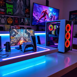 A sleek gaming desk featuring a PS5 Pro prominently displayed alongside a powerful gaming PC setup