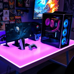 A sleek gaming desk featuring a PS5 Pro prominently displayed alongside a powerful gaming PC setup