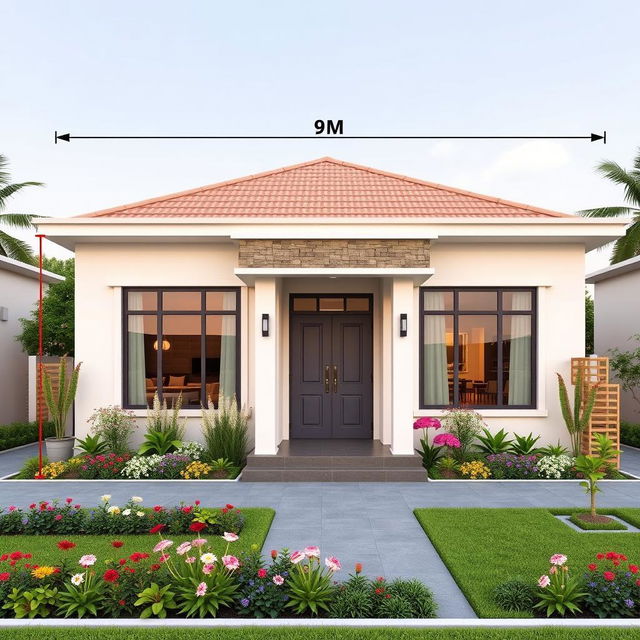 A front view of a one-story house measuring 9 meters wide and 8 meters long, featuring a modern architectural design with large windows, a welcoming entrance, and a small porch