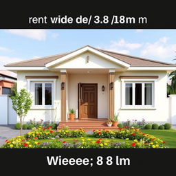 A front view of a one-story house measuring 9 meters wide and 8 meters long, featuring a modern architectural design with large windows, a welcoming entrance, and a small porch