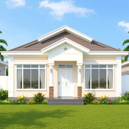 A front view of a one-story house measuring 9 meters wide and 8 meters long, featuring a modern architectural design with large windows, a welcoming entrance, and a small porch