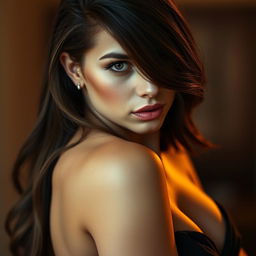 A close-up portrait of an alluring figure, focusing on a confident and beautiful woman with an elegant pose, emphasizing her curves in a tasteful and artistic manner
