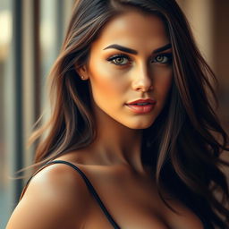 A close-up portrait of an alluring figure, focusing on a confident and beautiful woman with an elegant pose, emphasizing her curves in a tasteful and artistic manner