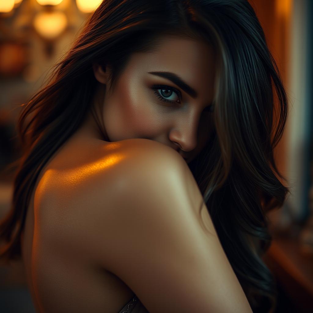 A close-up portrait of an alluring figure, focusing on a confident and beautiful woman with an elegant pose, emphasizing her curves in a tasteful and artistic manner