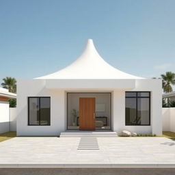 A front view of a minimalist single-story house measuring 9 meters wide and 8 meters long, featuring a unique funnel-shaped roof that creates a striking silhouette