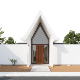 A front view of a minimalist single-story house measuring 9 meters wide and 8 meters long, featuring a unique funnel-shaped roof that creates a striking silhouette