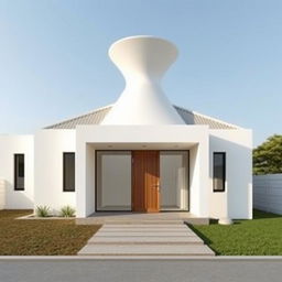 A front view of a minimalist single-story house measuring 9 meters wide and 8 meters long, featuring a unique funnel-shaped roof that creates a striking silhouette