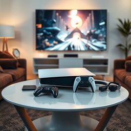 A PlayStation 5 Pro console elegantly placed on a stylish modern table in a cozy living room setting