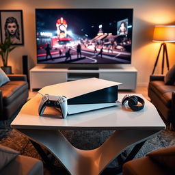 A PlayStation 5 Pro console elegantly placed on a stylish modern table in a cozy living room setting