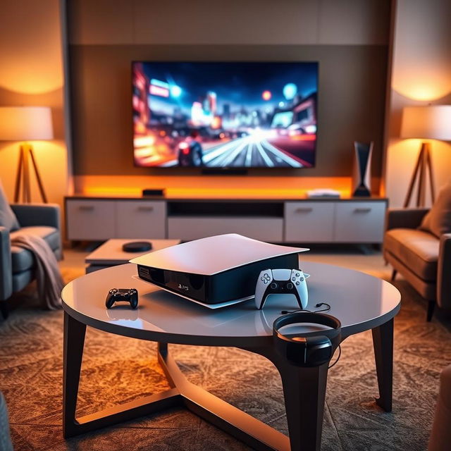 A PlayStation 5 Pro console elegantly placed on a stylish modern table in a cozy living room setting