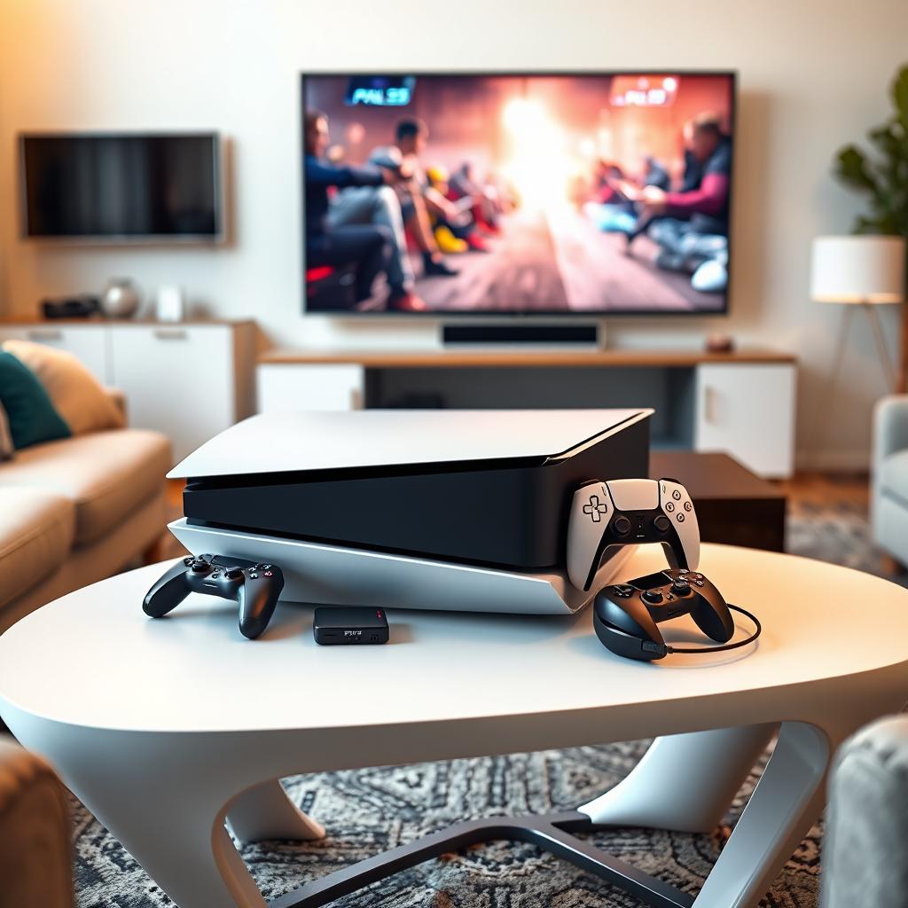 A PlayStation 5 Pro console elegantly placed on a stylish modern table in a cozy living room setting