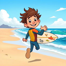 A vibrant cover art for an educational science magazine featuring a friendly teen male surfer character