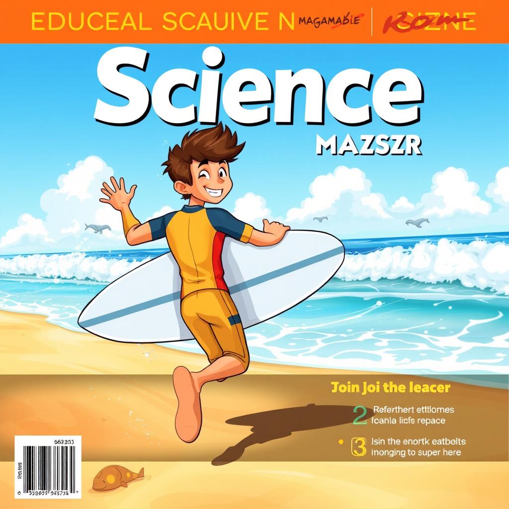 A vibrant cover art for an educational science magazine featuring a friendly teen male surfer character