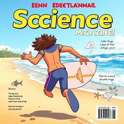 A vibrant cover art for an educational science magazine featuring a friendly teen male surfer character