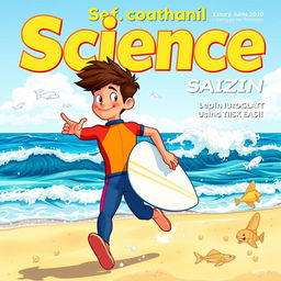 A vibrant cover art for an educational science magazine featuring a friendly teen male surfer character