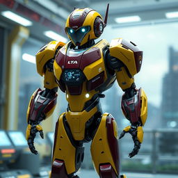 A futuristic robot designed with a sleek and shiny yellow and maroon color scheme, featuring intricate mechanical details and glowing circuitry