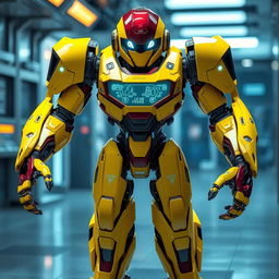 A futuristic robot designed with a sleek and shiny yellow and maroon color scheme, featuring intricate mechanical details and glowing circuitry