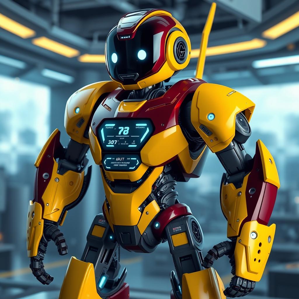 A futuristic robot designed with a sleek and shiny yellow and maroon color scheme, featuring intricate mechanical details and glowing circuitry