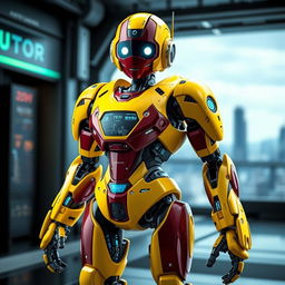 A futuristic robot designed with a sleek and shiny yellow and maroon color scheme, featuring intricate mechanical details and glowing circuitry