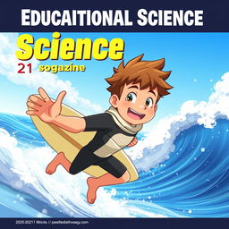 An engaging anime-style cover art for an educational science magazine featuring a friendly male surfer character