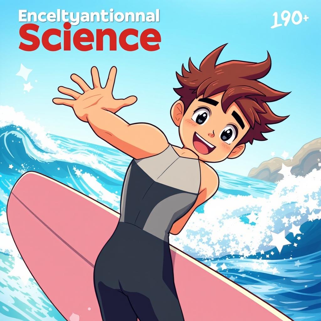 An engaging anime-style cover art for an educational science magazine featuring a friendly male surfer character