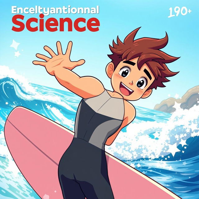 An engaging anime-style cover art for an educational science magazine featuring a friendly male surfer character