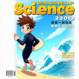 An engaging anime-style cover art for an educational science magazine featuring a friendly male surfer character
