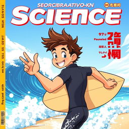 An engaging anime-style cover art for an educational science magazine featuring a friendly male surfer character