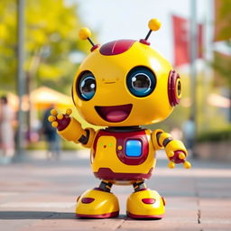 A cute, futuristic robot with a charming appearance, designed in a vibrant yellow and maroon color scheme