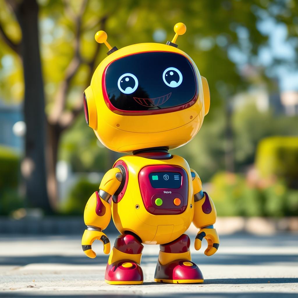 A cute, futuristic robot with a charming appearance, designed in a vibrant yellow and maroon color scheme