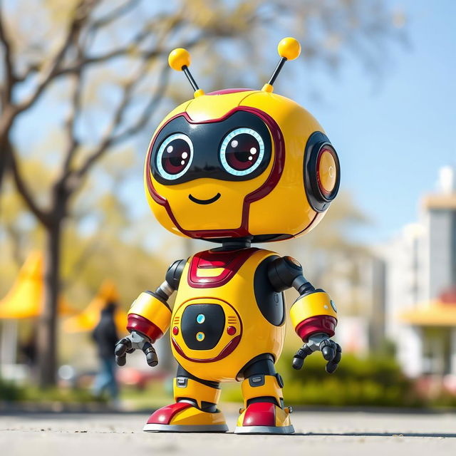 A cute, futuristic robot with a charming appearance, designed in a vibrant yellow and maroon color scheme