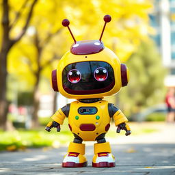 A cute, futuristic robot with a charming appearance, designed in a vibrant yellow and maroon color scheme