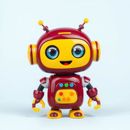 A cute, compact robot featuring a vibrant maroon and yellow color scheme