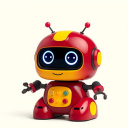 A cute, compact robot featuring a vibrant maroon and yellow color scheme