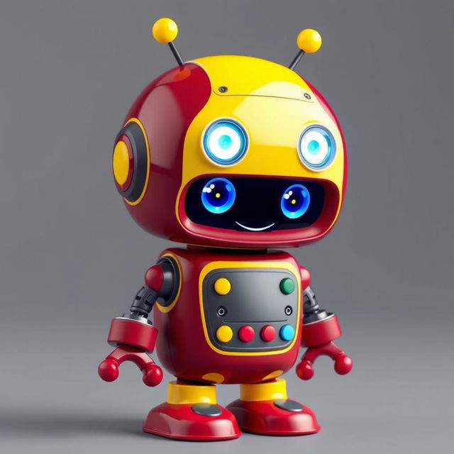 A cute, compact robot featuring a vibrant maroon and yellow color scheme